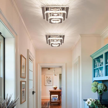 FRIXCHUR 9.8" Crystal Ceiling Light, 3-Color LED Square Flush Mount Chandelier, 2-Layer K9 Crystal Ceiling Lamp for Bedroom Living Room Dining Room Hallway Foyer 25W