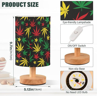 Table Lamp Colorful Marijuana Cannabis Hemp Leaf Red Yellow Green Color Print Nightstand Lamp with Wood Base Fabric Lamp Shade Bedside Desk Lamp for Living Room Bedroom Kids Room Office