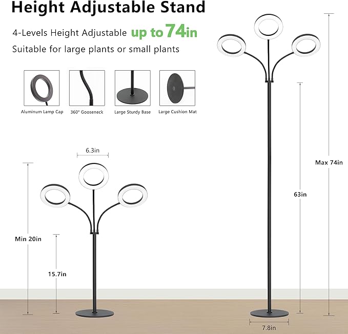 Grow Light for Indoor Plants, 3-Head Full Spectrum LED Tall Plant Lights with Timer, 3 Color Modes Standing Floor Growing Lamp, 74" Height Adjustable, 10 Dimmable Levels for Large Plants