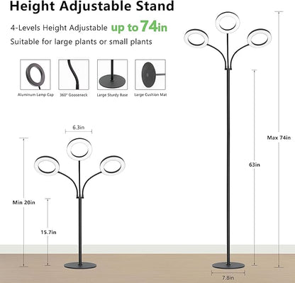 Grow Light for Indoor Plants, 3-Head Full Spectrum LED Tall Plant Lights with Timer, 3 Color Modes Standing Floor Growing Lamp, 74" Height Adjustable, 10 Dimmable Levels for Large Plants