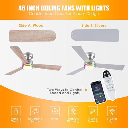 Asyko 46" Silver RGB Ceiling Fans Light,Low Profile Ceiling Fans with Lights and Remote,Modern Flush Mount Ceiling Fan Light with Quiet Reversible DC Motor for Bedroom Kids Room,Party