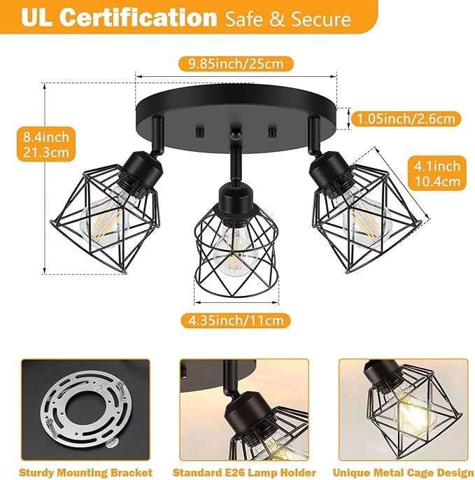 Baocuz 3-Light Kitchen Flush Mount Ceiling Light, Adjustable Multi-Directional Ceiling Light Fixture, Farmhouse Black Metal Cage Close to Ceiling Lamp for Dining Room Bedroom Hallway