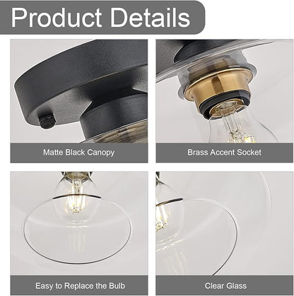 BISAMIYA Modern Semi Flush Mount Ceiling Light - Matte Black with Brass Accent & 8.66” Clear Glass Shade - for Kitchen, Dining Room, Hallway & Entryway