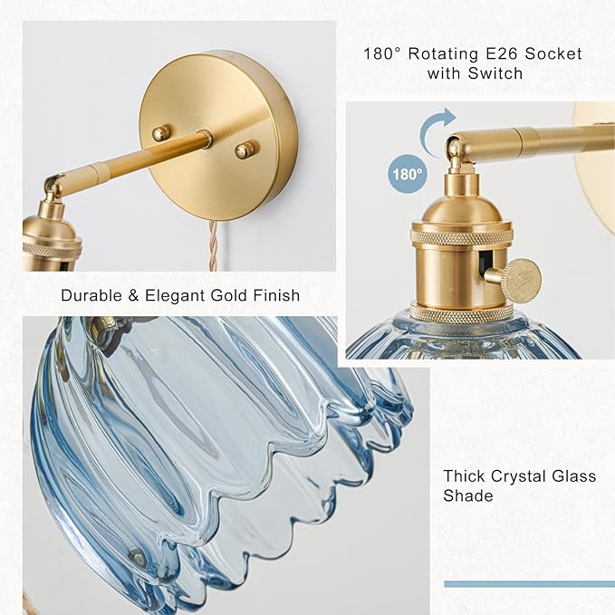 Plug in Wall Sconces Set of 2, Vintage Wall Sconce Light with Tulip Denim Blue Glass Lampshade, Bedroom Wall Sconce with Switch and Plug in wall lamp Cord, Gold Wall Light Wall Decor Set of 2