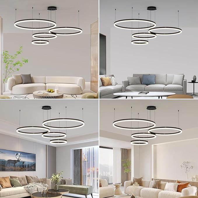Mikeru Modern 4 Ring Chandelier Light, LED Pendant Light Fixtures with Remote Control 3000k-6500K Adjustable Color Temperature Light for Living Room, Kitchen (11.8+15.7+23.6IN+31.5in)