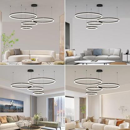 Mikeru Modern 4 Ring Chandelier Light, LED Pendant Light Fixtures with Remote Control 3000k-6500K Adjustable Color Temperature Light for Living Room, Kitchen (11.8+15.7+23.6IN+31.5in)