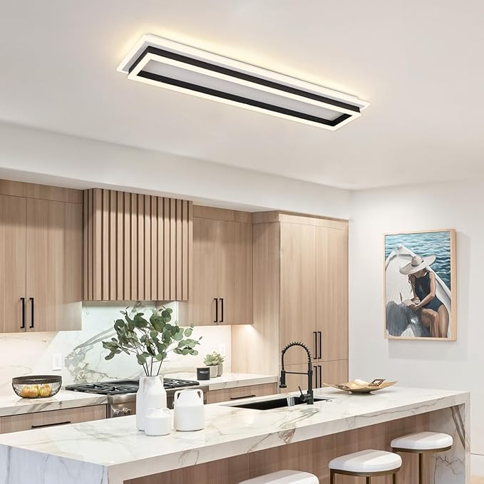 Dimmable Led Ceiling Light with Remote Control 31.5in Modern Linear Flush Mount Ceiling Lighting Fixture Acrylic Long Ceiling Lamp for Living Room Kitchen Dining Room Hallway (Black, 2 Packs)