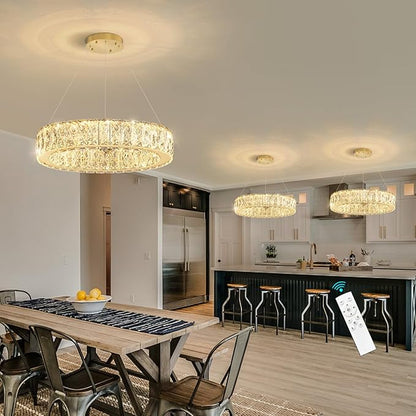 Modern Crystal Chandelier 15W LED Dimmable Lighting Fixture Adjustable Round Pendant Light for Dining Room Living Room Kitchen Bedroom Gold