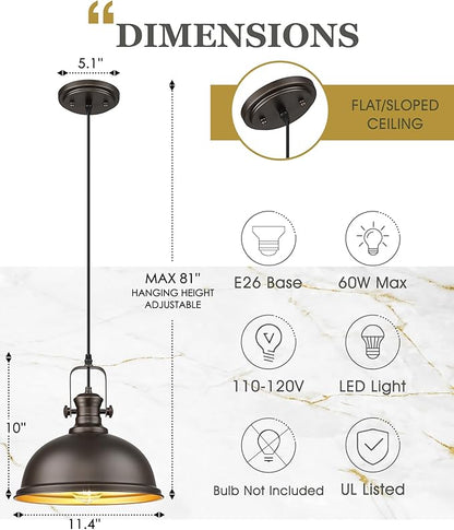 Pendant Lights Kitchen Island, Farmhouse Hanging Lights Fixtures with Metal Shade, Rustic Kitchen Pendant Lighting Over Island for Dining Room, Oil Rubbed Bronze, AD-2151-1PL-ORB
