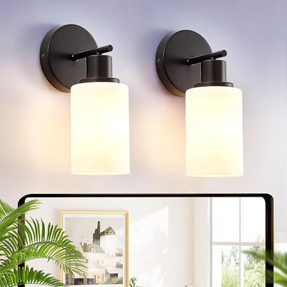 DLLT Wall Sconces Set of Two: Modern Bathroom Vanity Light Fixtures - Matte Black Vanity Lights with Milky White Glass Shade - Farmhouse Wall Lamp for Bedroom Living Room Mirror Hallway Kitchen