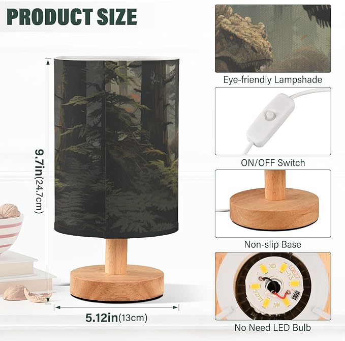 Bedside Table Lamp Forest Dinosaurs Animal Nightstand Lamp with Wood Desk Lamps for Bedroom Living Room Nursery Office Home Decor