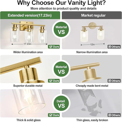 MOKATNG 3-Light Bathroom Light Fixtures, Vanity Light with Clear Glass Shades, Brushed Gold Bathroom Light Fixtures Over Mirror, Modern Bathroom Wall Lamp for Mirror Living Room Cabinet Bedroom