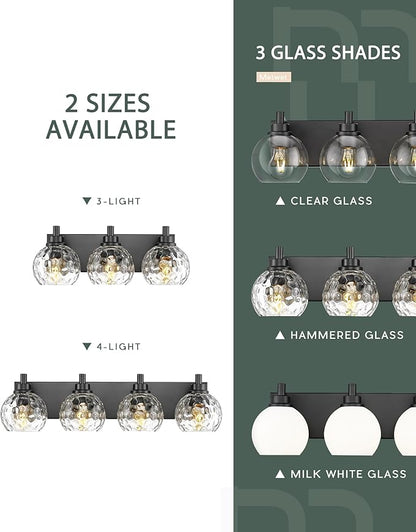 Bathroom Light Fixtures Over Mirror, 3-Light Matte Black Vanity Light with Clear Hammered Glass Globe Shade, Modern Sconces Wall Lighting for Bedroom Hallway, VL200-MB-3