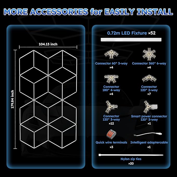 ALLYES Hexagon Garage Lights, LED Honeycomb Garage Lights, 338W 40560LM 6500K, 21 Rhombus Car Detailing Lighting for Workshop Showroom Basement Gym