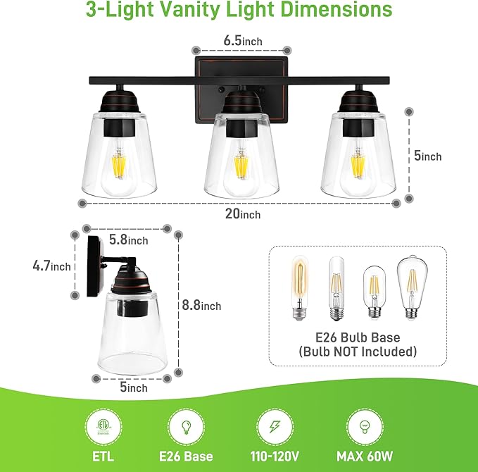 hykolity 3-Light Bathroom Vanity Light, 5-Piece All-in-One Bathroom Set, 20 Inch Modern Wall Lamp, Oil Rubbed Bronze Wall Sconce with Clear Glass Shade, Wall Lights for Bedroom, Living Room, Mirror