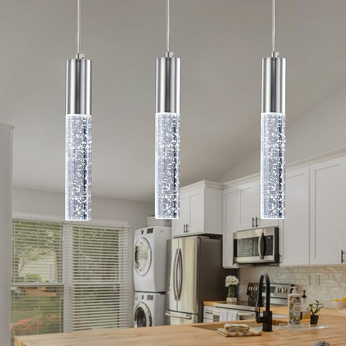 3-Pack Modern Crystal Pendant Light for Kitchen Island, Elegant Chrome LED Bubble Hanging Chandelier Lighting Fixture for Dining Room Bedside