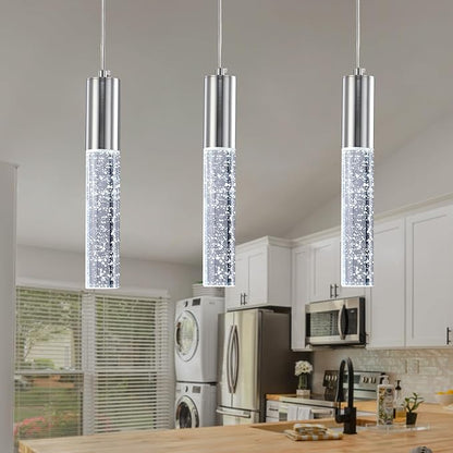 3-Pack Modern Crystal Pendant Light for Kitchen Island, Elegant Chrome LED Bubble Hanging Chandelier Lighting Fixture for Dining Room Bedside
