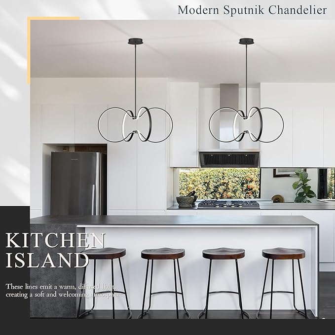 Modern LED Pendant Light Black Dimmable Circular Chandelier, Kitchen Island Pendant Light Fixture with Remote Control for Dining Room, Kitchen, Entry, Living Room(D31.5 Inch)