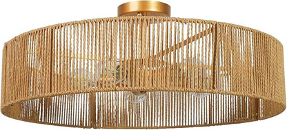 24" Natural Rattan Ceiling Light, Semi Flush Mount Gold Ceiling Light Fixture, 5-Light Boho Chandelier Antique Brass Brush Paint Farmhouse Lamp Fixture for Bedroom Living Room Kitchen Island