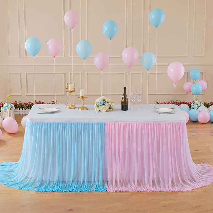 Gender Reveal Table Skirt Pink Blue Tulle Tutu Table Skirts 9 Ft for Gender Reveal Boy or Girls Birthday Party Baby Shower Cake Dessert Decorations