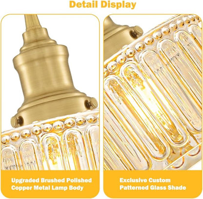 Vintage Pendant Light with Amber Striped Glass Lmapshade, Gold Pendant Lights Kitchen Island, Brass Kitchen Pendant Lighting over Island, Adjustable Hanging Light for Entrance Bathroom Dining Room