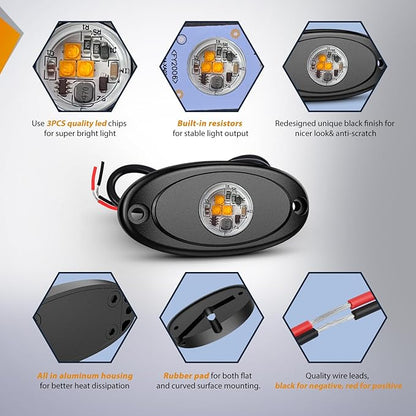 Nilight LED Rock Light 4PCS Amber Underglow Wheel Well Fender Pods Waterproof Exterior Underbody Roof Rack Side Lamps for 12V 24V Car Truck Pickups ATV UTV SUV Motorcycle Boat