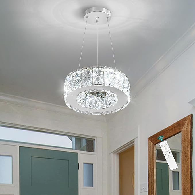 Modern Crystal Chandelier 8W Dimmable LED Crystal Pendant Light Fixtures Height Adjustable Round Chandeliers for Dining Room Hallway Bedroom Silver