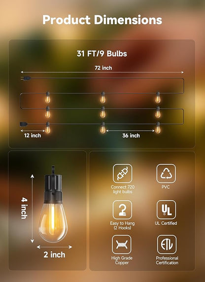 Minetom 31FT Outdoor String LED Patio Lights Waterproof, 9 Shatterproof S14 Vintage Edison Bulbs,Commercial Grade Outside Hanging Lights Waterproof for Porch Deck Garden Backyard Balcony Cafe Bistro