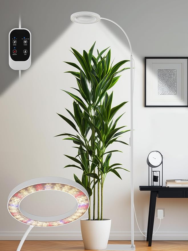 GLOWRIUM Grow Lights for Indoor Plants, Full Spectrum LED Grow Light, Stepless Dimming,3 Lighting Mode and Adjustable Height, Plant Light with 3/9/12/16H Timer (White, Single Head)