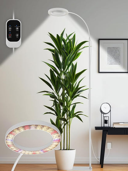 GLOWRIUM Grow Lights for Indoor Plants, Full Spectrum LED Grow Light, Stepless Dimming,3 Lighting Mode and Adjustable Height, Plant Light with 3/9/12/16H Timer (White, Single Head)