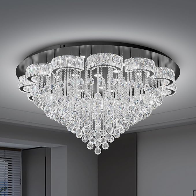 Flashing God 48inches Crystal Chanderliers for Living Room Entryway Modern Crystal Folwer Ceiling Light for Foyer Interior LED Dimmable Lighting 2700k 4500k 6000k