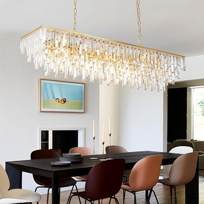 Rectangle Chandeliers for Dining Room, 47" Gold Modern Top K9 Rectangle Crystal Chandelier 14 Lights Rectangular Adjustable Pendant Ceiling Light Fixture for Dining Room Kitchen Island