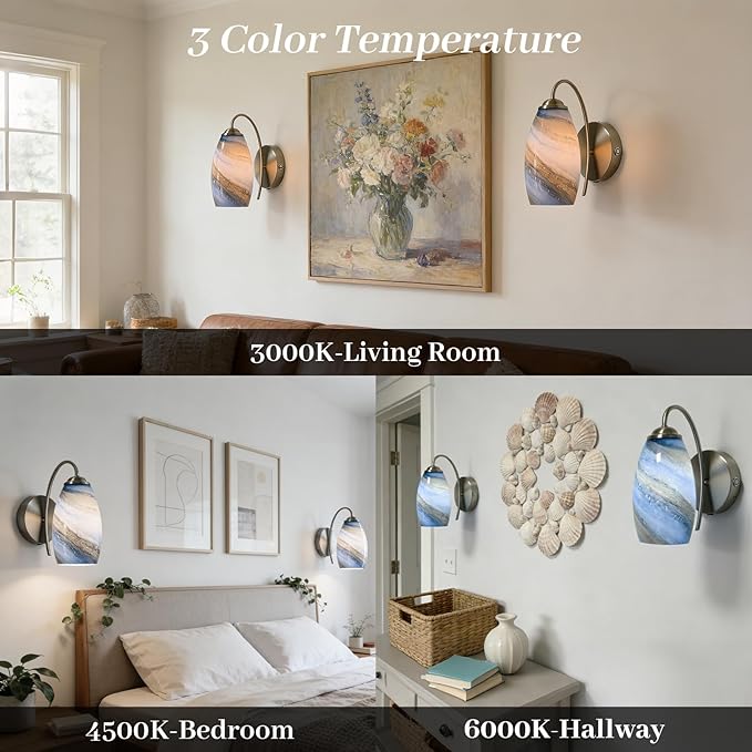 Battery Operated Modern Wall Sconce Set of 2, Rechargeable Wireless Wall Lights with Touch & Remote Control, Dimmable 3 Color Temperatures, Hand-Blown Glass for Bedroom Living Room