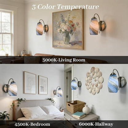 Battery Operated Modern Wall Sconce Set of 2, Rechargeable Wireless Wall Lights with Touch & Remote Control, Dimmable 3 Color Temperatures, Hand-Blown Glass for Bedroom Living Room