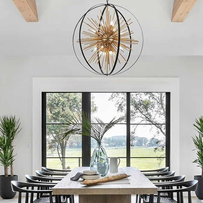 31.5" Black Gold Large Globe Sputnik Chandelier, 16-Light Mid Century Modern Industrial Starburst Golden Metal Satellite Light Fixture for High Ceiling Living Room Dining Room Foyer, E12