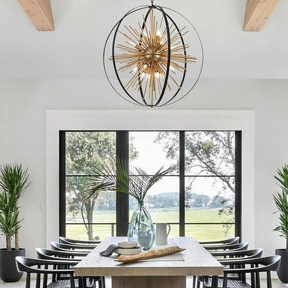 31.5" Black Gold Large Globe Sputnik Chandelier, 16-Light Mid Century Modern Industrial Starburst Golden Metal Satellite Light Fixture for High Ceiling Living Room Dining Room Foyer, E12