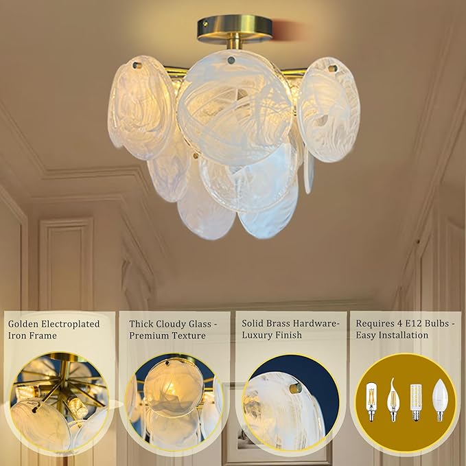 Small Crystal Chandelier Semi Flush Mount Ceiling Light Fixture Modern Bronze Gold Cloud Glass Chandelier Light for Entryway Hallway Bathroom Bedroom