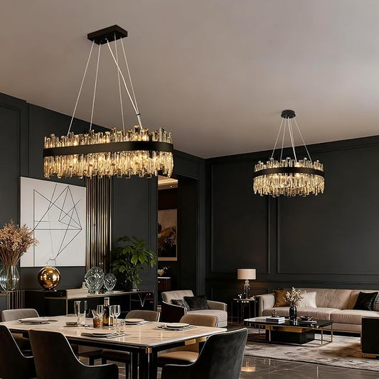 Weesalife Black Crystal Chandeliers for Dining Room Lights Fixtures Over Table, 16 Lights Modern Rectangle 2-Tier Chandeliers for Kitchen Island Bar L32 Inch