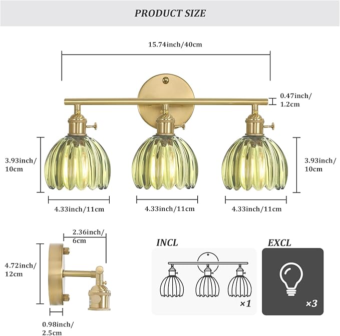 Shenmoyl Bathroom Light Fixtures, 3-Light Brass Vanity wall Light Over Mirror with Green Tulip Glass Shade for Bedroom Living Room (Bulb Not Included)