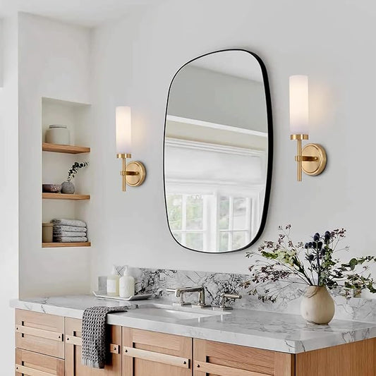Gold Bathroom Wall Sconces Set of 2, Modern Sconces Wall Lighting Vanity Light Fixtures with Opal White Glass Shade, Brushed Brass Wall Lights for Mirror Living Room Bedroom Hallway Kitchen Stairs