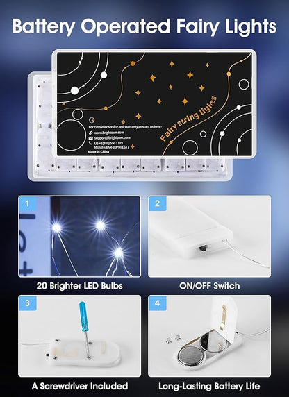 Brightown 12 Pack Led Fairy Lights Battery Operated String Lights Waterproof Silver Wire 7 Feet 20 Led Firefly Starry Moon Lights for DIY Wedding Party Bedroom Patio Christmas (12 Pack, White)