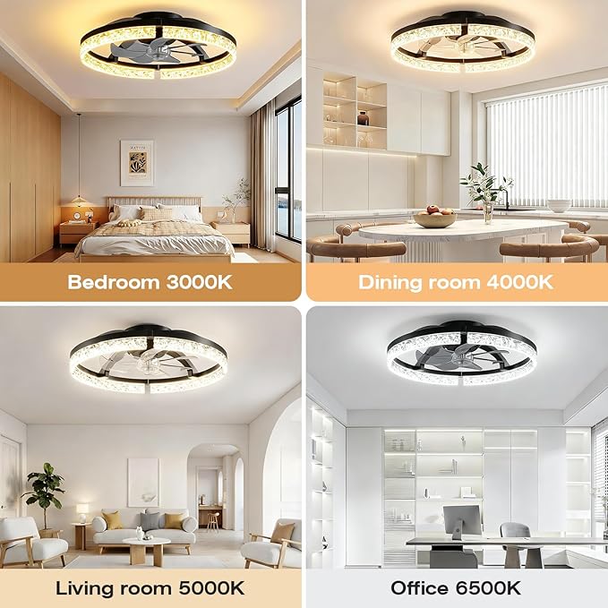 StarryEver 20" Low Profile Ceiling Fans with Light, 3000-6500K Dimmable Flush Mount LED Fan Light with Remote and 6 Speeds Fan, Modern Ceiling Fans for Bedroom, Living Room, Kids, Kitchen, Black