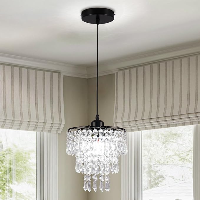 FRIXCHUR Black Small Crystal Chandelier Pendant Light Semi Flush Mount Ceiling Light for Hallway Foyer Closet Bedroom, 7.9 Inch