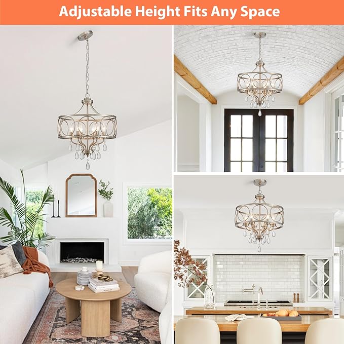 Crystal Chandeliers for Dining Room,17.7" Brushed Nickel 6 Lights Hanging Pendant Lighting Fixture Metal Farmhouse Chandelier for Kitchen Island Entryway Living Room