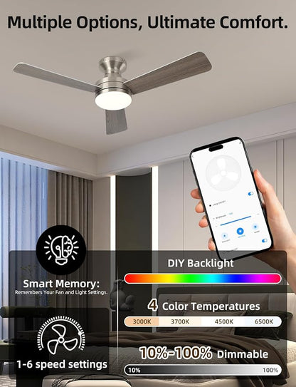 42" RGB Ceiling Fan with Light, Music Sync Smart Fan with Alexa/Google/App Control, Low Profile Flush Mount, 6-Speed Quiet DC Motor, 4 CCT Dimmable Lighting for Bedroom Living Room