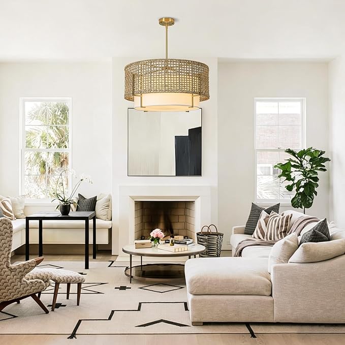 25.6" Large Rattan Chandelier, 6-Light Boho Rustic Pendant Light with Fabric Shade, Hand Woven Wicker Hanging Ceiling Light Fixture for Dining Room, Living Room, Kitchen Island, Bedroom, Foyer