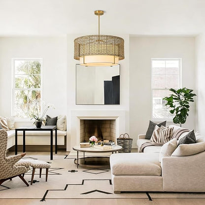 25.6" Large Rattan Chandelier, 6-Light Boho Rustic Pendant Light with Fabric Shade, Hand Woven Wicker Hanging Ceiling Light Fixture for Dining Room, Living Room, Kitchen Island, Bedroom, Foyer