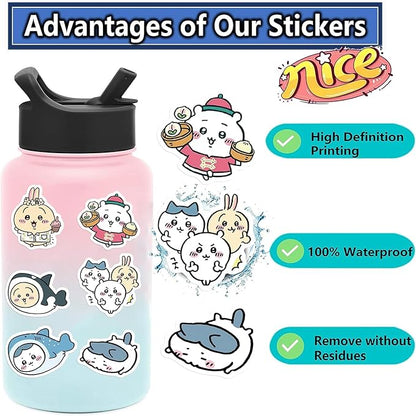 60pcs Japanese Cartoon Chiikawa Stickers for Kids, Funny Vinyl Waterproof Stickers for Water Bottle Phone Journal Guitar Skateboard Gifts for Teens Adults