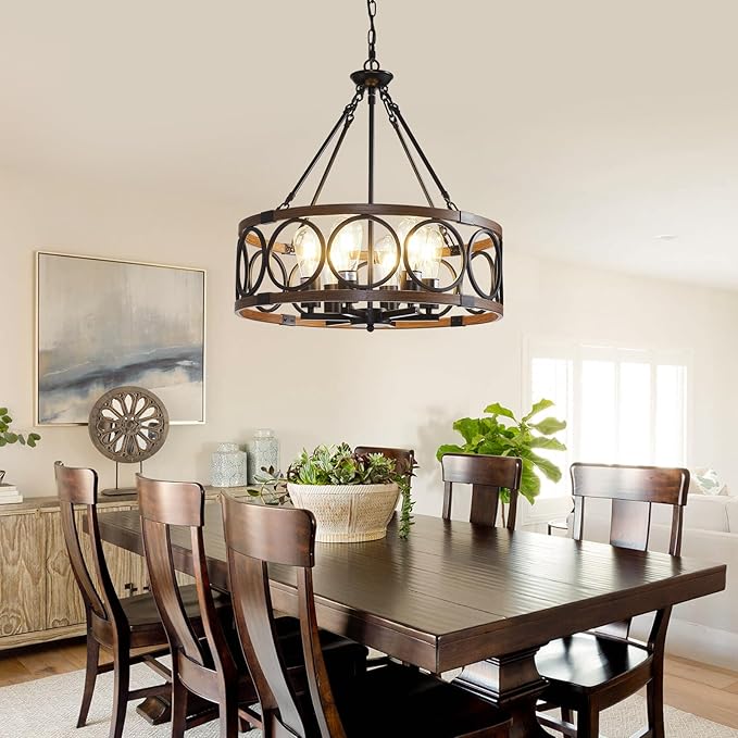 21'' Farmhouse Chandelier, 6-Light Walnut Wood Grain Dining Room Light Fixture Over Table, Rustic Industrial Drum Hanging Pendant Lights Fixture for Kitchen Island Bedroom Hallway Foyer Entryway