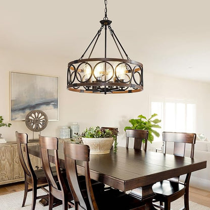 21'' Farmhouse Chandelier, 6-Light Walnut Wood Grain Dining Room Light Fixture Over Table, Rustic Industrial Drum Hanging Pendant Lights Fixture for Kitchen Island Bedroom Hallway Foyer Entryway